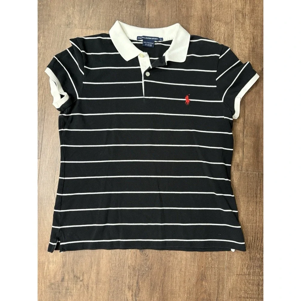 Ralph Lauren Sport Black Polo Shirt Women's Large Slim Fit Y2K Tennis Preppy
